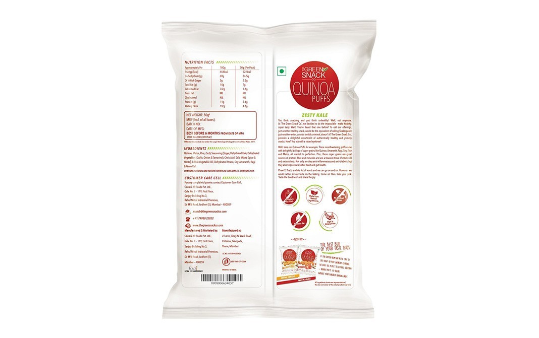 The Green Snack Co Quinoa Puffs, Zesty Kale    Pack  50 grams